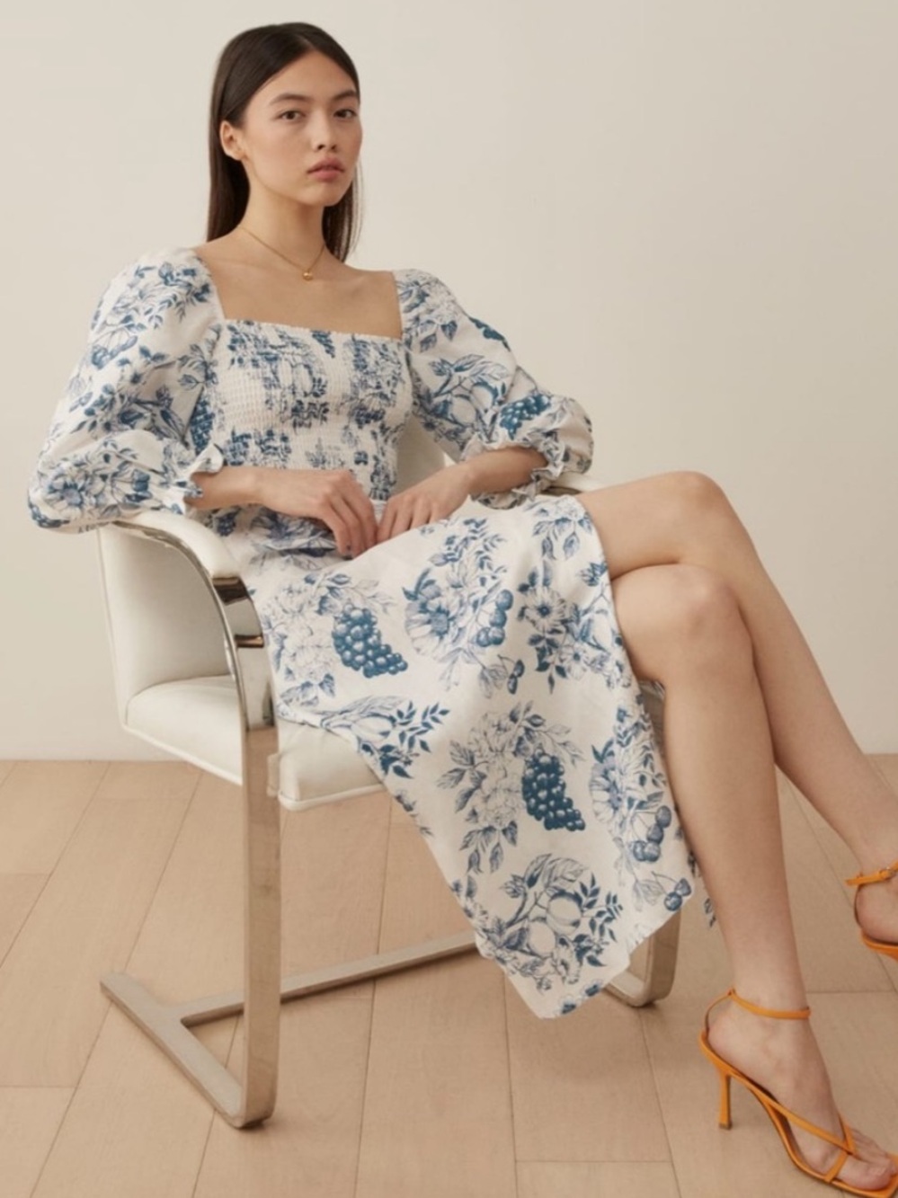 REFORMATION 
Gitane Shirred Floral-Print Linen Midi Dress Corsica White Blue
